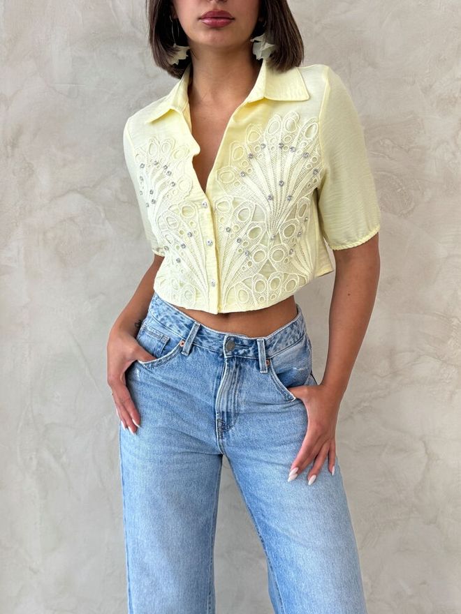 Topshow Žltá Neformálna Vintage Košeľa S Vrúbkovaným Golierom Veľkoobchod s oblečením Jar