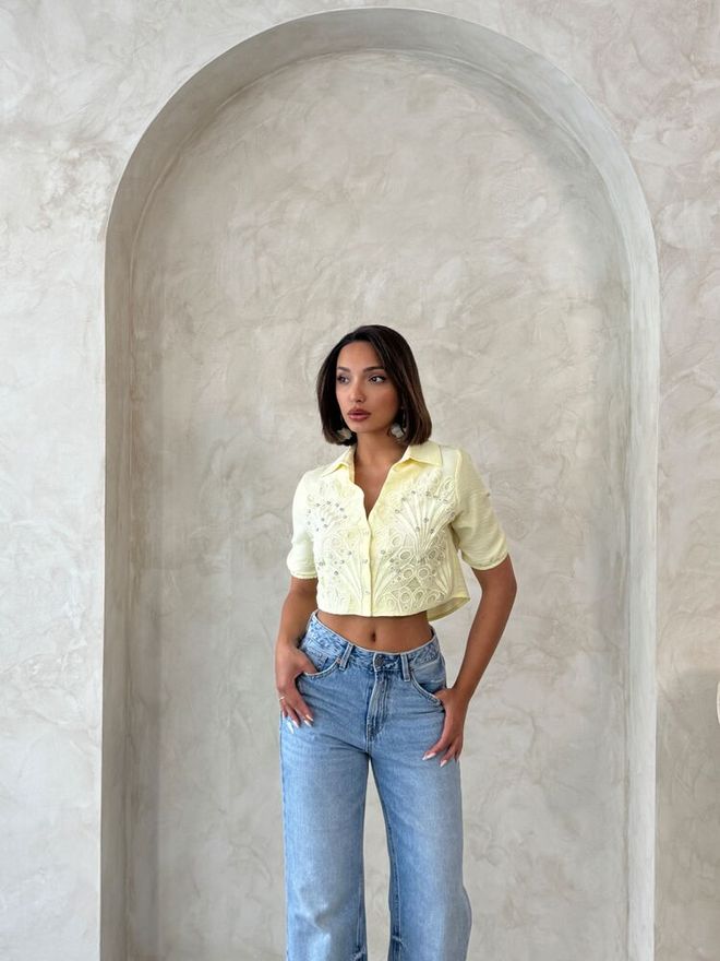 Topshow Žltá Neformálna Vintage Košeľa S Vrúbkovaným Golierom Veľkoobchod s oblečením 1