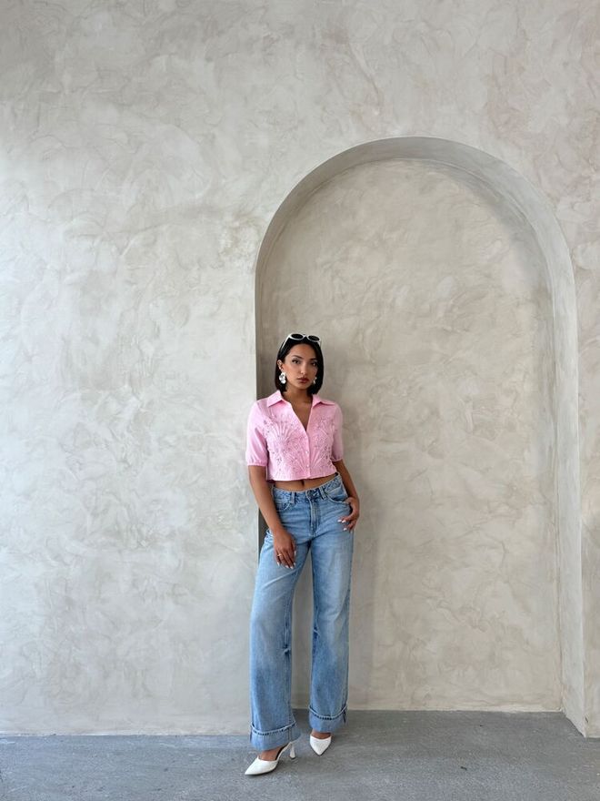 Topshow Pink Casual Fitted Polo Neck Crop Shirt Wholesale Clothing Lounge