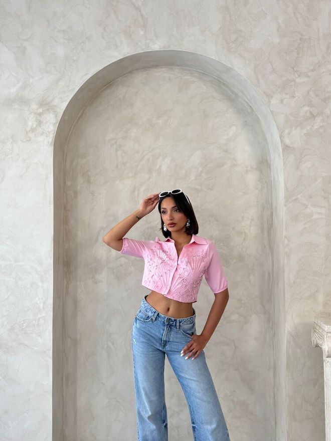 Topshow Pink Casual Fitted Polo Neck Crop Shirt Wholesale Clothing 1