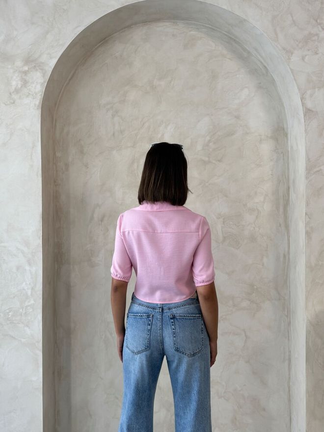 Topshow Pink Casual Fitted Polo Neck Crop Shirt Wholesale Clothing Spring