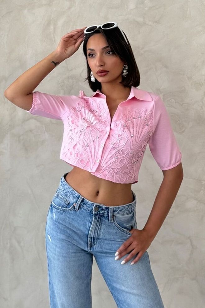 Topshow Chemise Rose Décontractée Ajustée À Col Polo Crop Vêtements en gros Décontracté