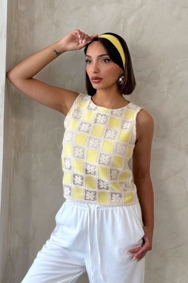 Topshow Chemise Jaune Rétro Sans Manches À Carreaux Vêtements en gros Décontracté