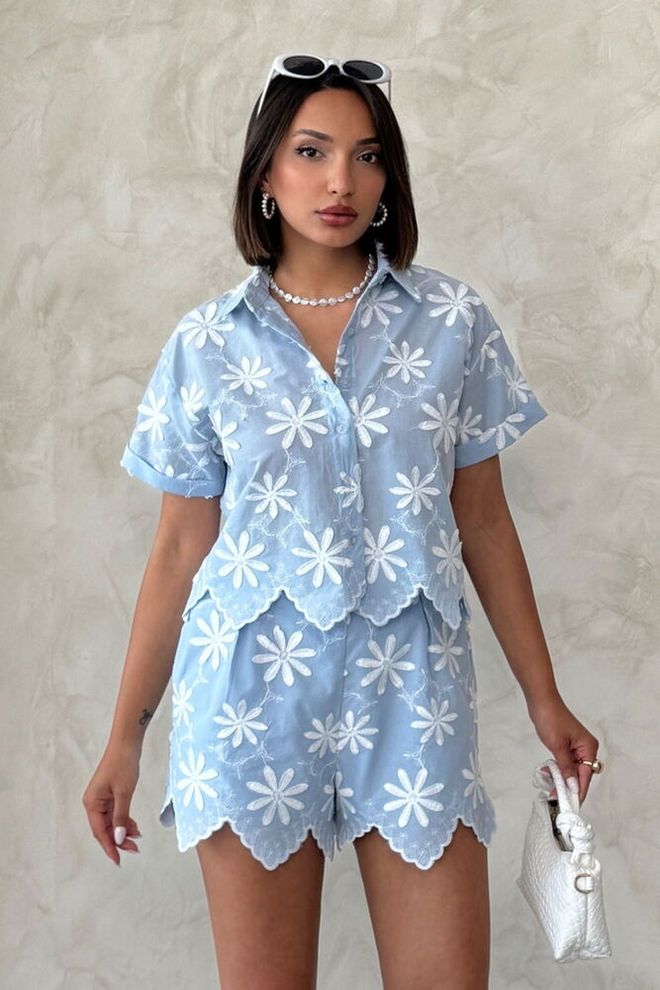 Topshow Blue Floral Casual Shirt With Buttoned Closure Wholesale Clothing Casual
