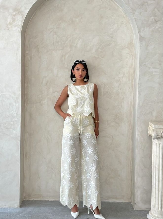 Topshow White Floral Palazzo Pants Wholesale Clothing 1