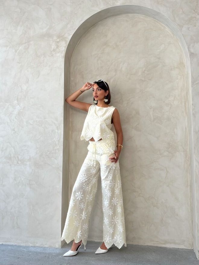Topshow White Floral Palazzo Pants Wholesale Clothing Work