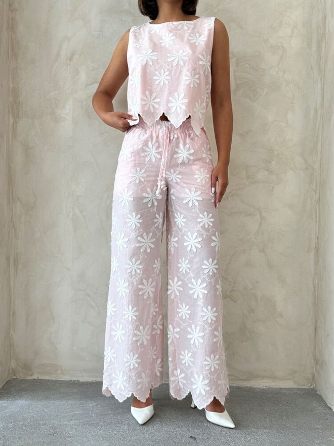 Topshow Pink Floral Palazzo Pants With Drawstring Closure Wholesale Clothing Spring