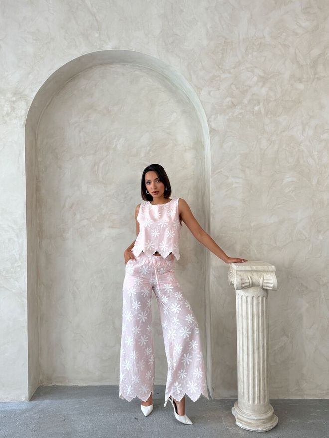 Topshow Pink Floral Palazzo Pants With Drawstring Closure Wholesale Clothing 1