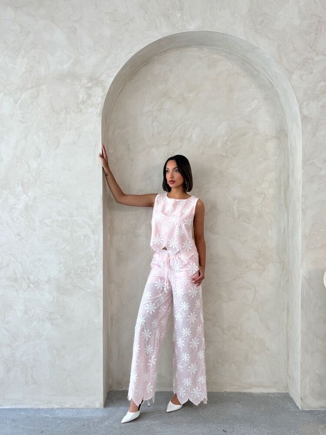 Topshow Pink Floral Palazzo Pants With Drawstring Closure Wholesale Clothing Work