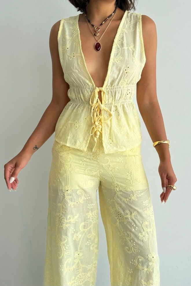 Topshow Yellow Casual Boho Sleeveless Tie Shirt Wholesale Clothing Spring