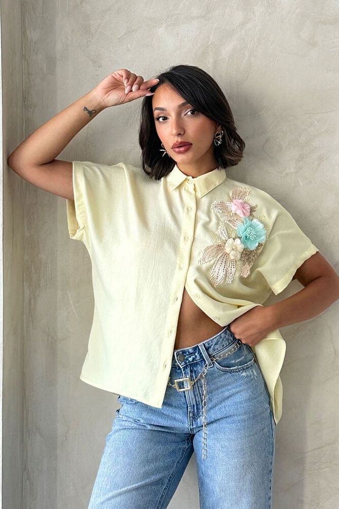 Topshow Chemise Jaune Décontractée Boho Col Polo Vêtements en gros Décontracté