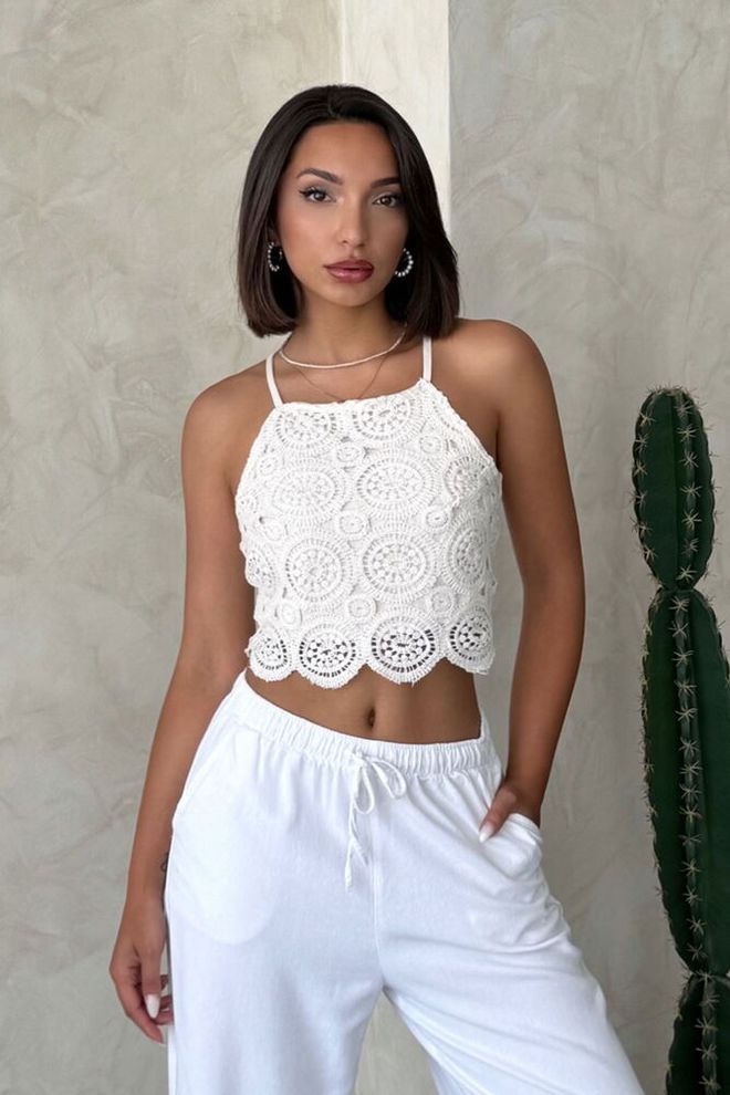 Topshow Weiße Bluse Slim Fit Halter Neck Crop Lässig Großhandelskleidung Lässig