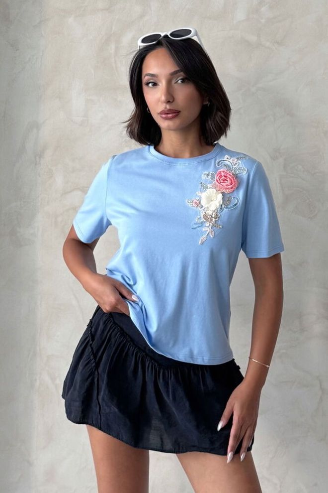 Topshow Blue Floral Casual Blouse With Short Sleeves Wholesale Clothing Casual