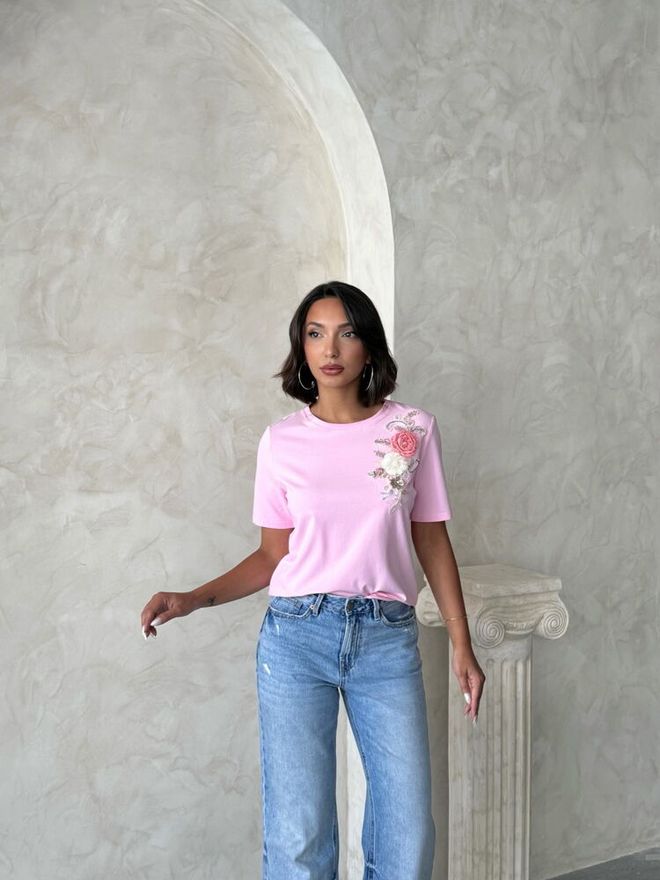 Topshow Pink Floral Casual Blouse With Short Sleeves Wholesale Clothing 1