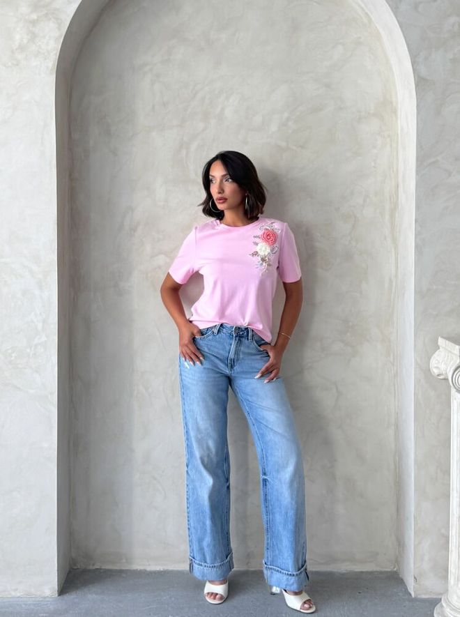 Topshow Pink Floral Casual Blouse With Short Sleeves Wholesale Clothing Beach