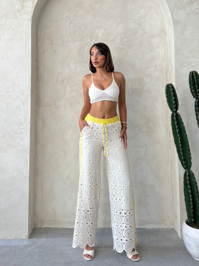 Topshow White Palazzo Pants High Waist Wide Leg Wholesale Clothing 1