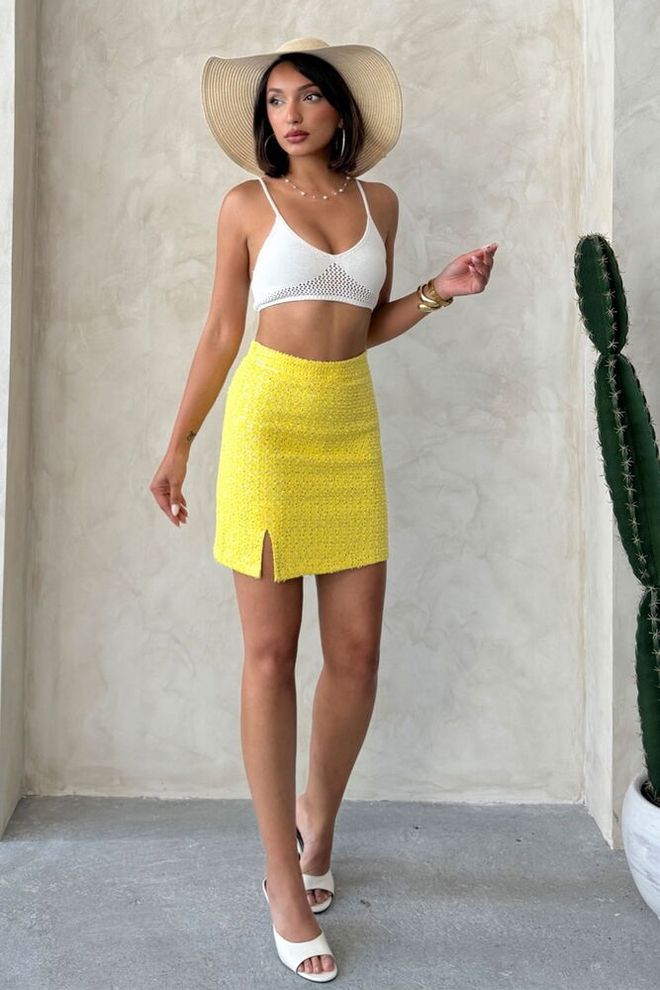 Topshow Geltona Bodycon Mini Sijonas Aukštu Liemeniu Kasdienių Seklių Elegantiškas Didmeninė prekyba drabužiais Kokteilinė