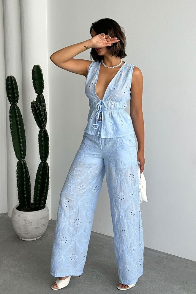 Topshow Pantalón Azul Palazzo Con Pierna Ancha Y Cordón Ropa al por mayor Casual