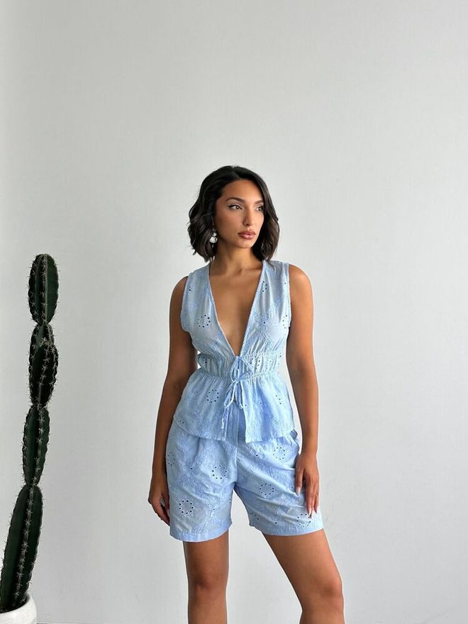 Topshow Blue Bermuda Mid Waist Tie Shorts Wholesale Clothing Beach