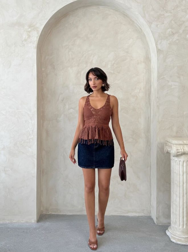 Topshow Camicetta Marrone Slim Fit Scollo A V Senza Maniche Manica Ad Aletta Abbigliamento all'ingrosso 1