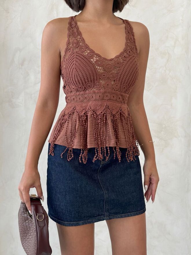 Topshow Camicetta Marrone Slim Fit Scollo A V Senza Maniche Manica Ad Aletta Abbigliamento all'ingrosso Primavera