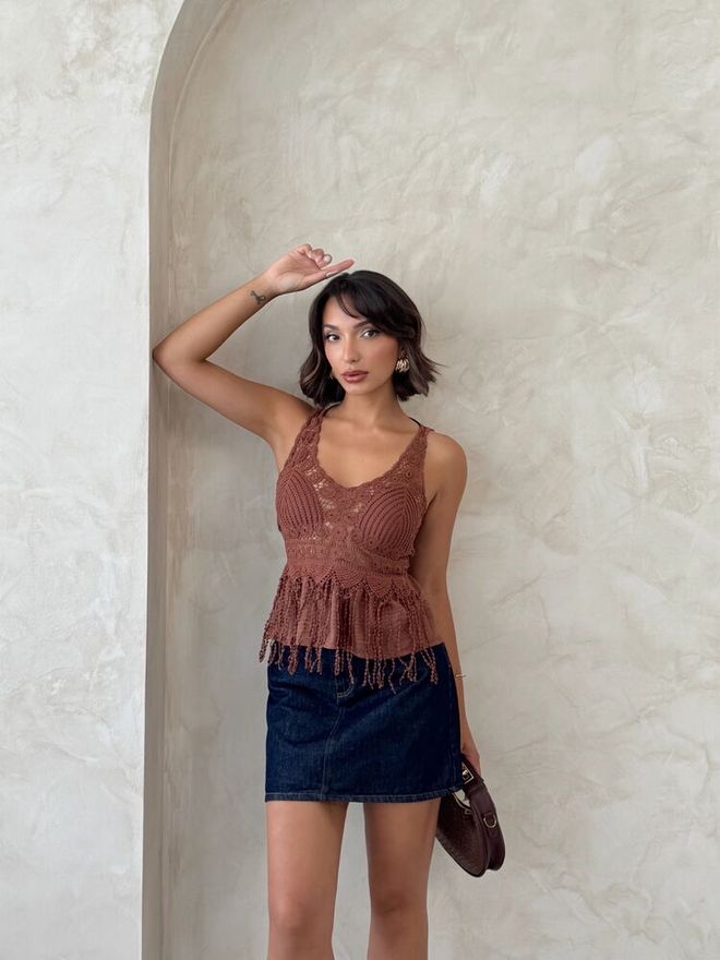 Topshow Camicetta Marrone Slim Fit Scollo A V Senza Maniche Manica Ad Aletta Abbigliamento all'ingrosso Da cocktail