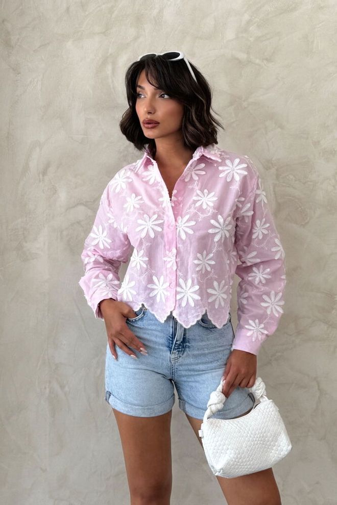 Topshow Chemise Boutonnée Florale Rose Boho Vêtements en gros Décontracté