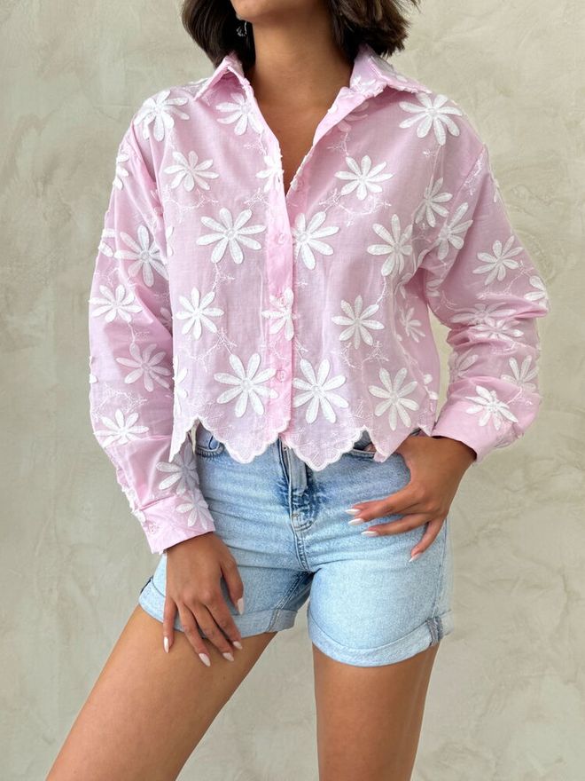 Topshow Pink Boho Floral Buttoned Shirt Wholesale Clothing Spring