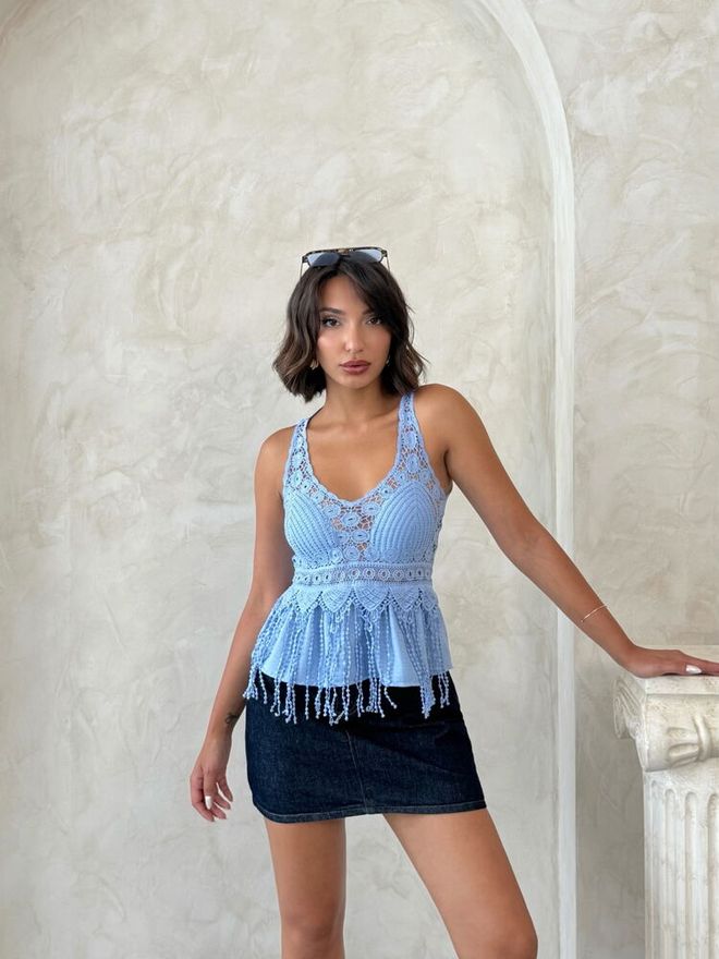 Topshow Blusa Azul Sem Mangas Com Decote Em V E Corte Slim Roupas por atacado Praia