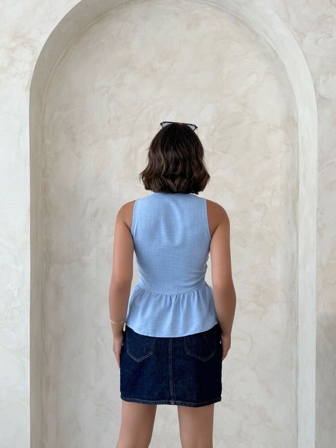 Topshow Blusa Azul Sem Mangas Com Decote Em V E Corte Slim Roupas por atacado Boho