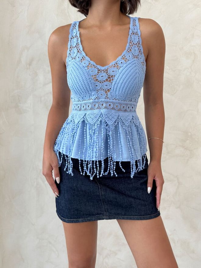 Topshow Blusa Azul Sem Mangas Com Decote Em V E Corte Slim Roupas por atacado Primavera