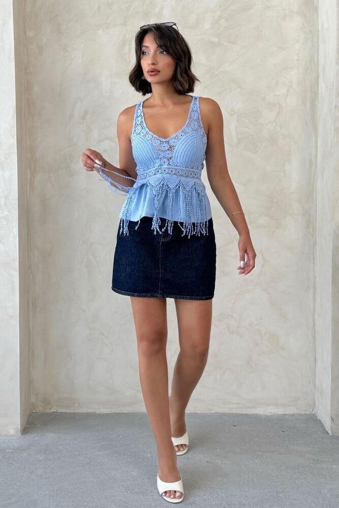 Topshow Blue Sleeveless V Neck Slim Fit Blouse Wholesale Clothing Casual