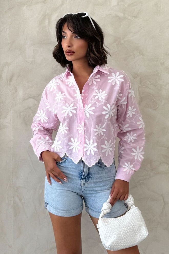Topshow Chemise Rose Décontractée Fleurie Boutonnée Vêtements en gros Décontracté