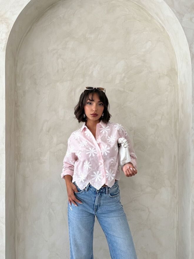 Topshow Pembe Gündelik Çiçekli Düğmeli Gömlek Toptan Giyim Ev Hali