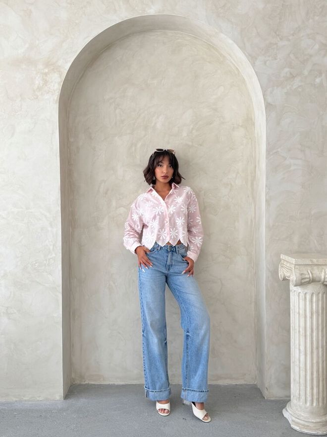 Topshow Pembe Gündelik Çiçekli Düğmeli Gömlek Toptan Giyim 1