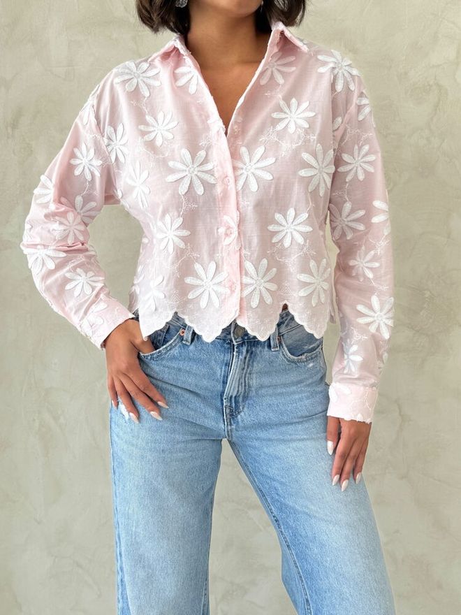 Topshow Pembe Gündelik Çiçekli Düğmeli Gömlek Toptan Giyim Bahar