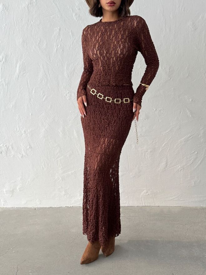 Topshow Brown Mermaid Maxi Skirt High Waist Pull On Wholesale Clothing Spring