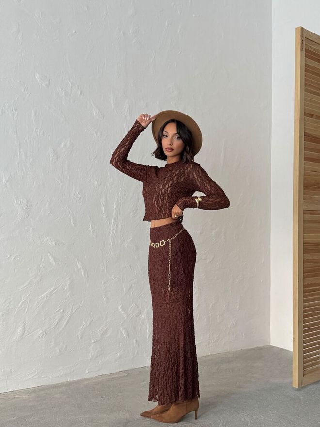 Topshow Brown Mermaid Maxi Skirt High Waist Pull On Wholesale Clothing 1