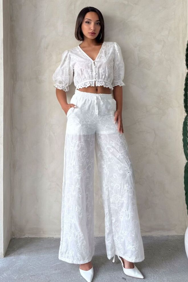 Topshow Pantalones Bordados Crema Ropa al por mayor Casual