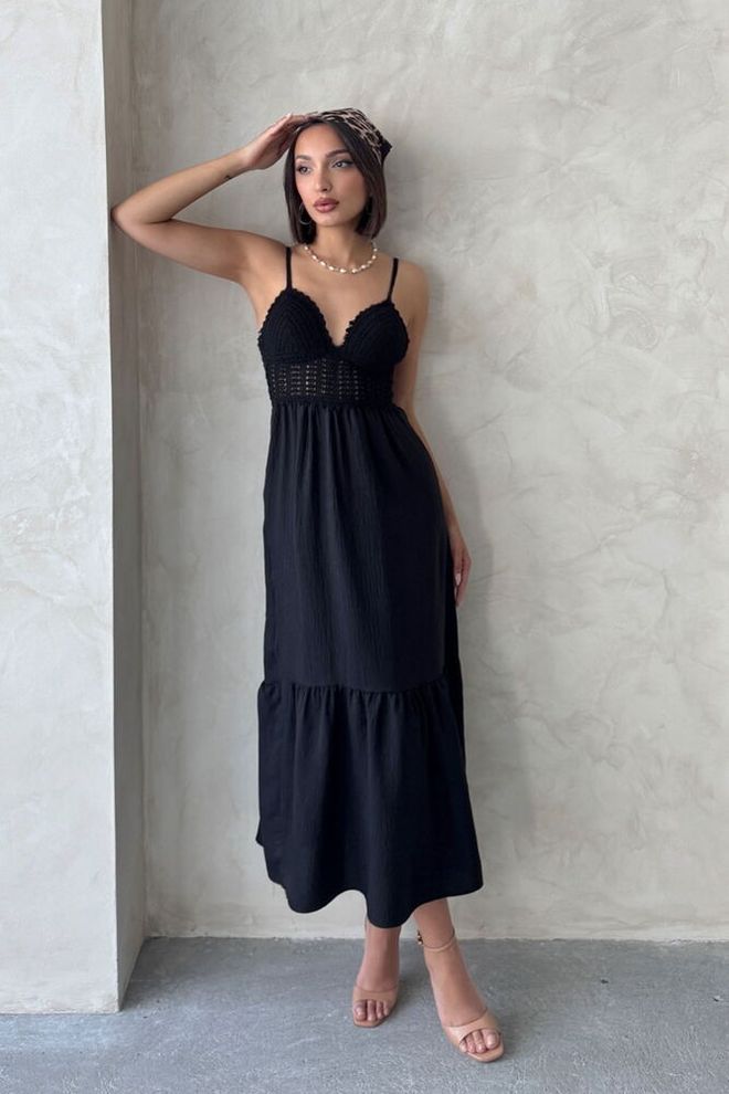 Topshow Black Linen Strap V Neck Floor Length Dress Wholesale Clothing Casual