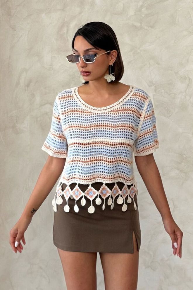 Topshow Orange Net Blouse With Pompoms Wholesale Clothing Ethnic