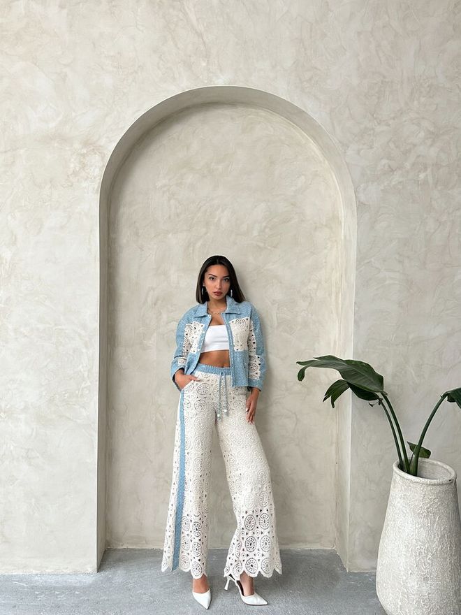 Topshow سترة الدنيم الزرقاء Dsn1 الدانتيل مفصلة ملابس بالجملة عيد ميلاد