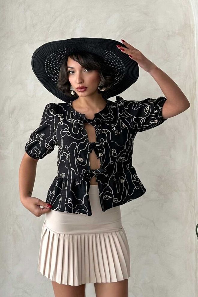 Topshow Front Tie Embroidered Blouse Black Wholesale Clothing Casual