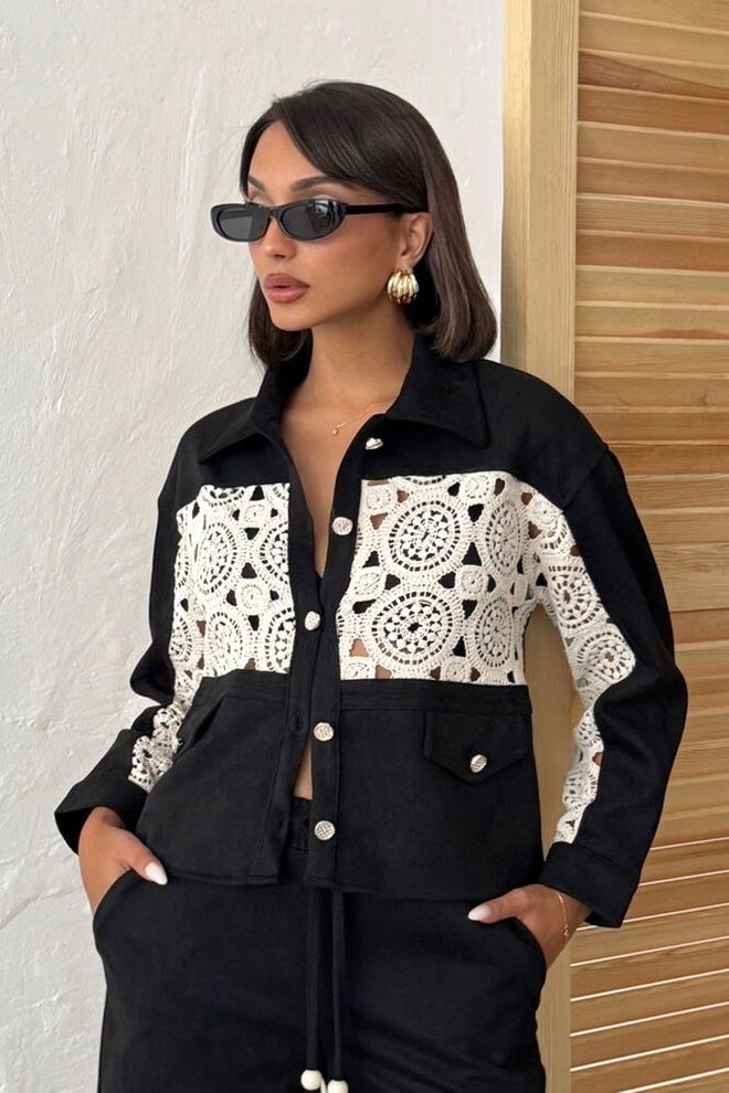 Topshow Chaqueta Shacket Patchwork Negra Ropa al por mayor Casual