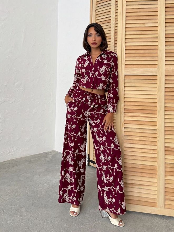 Topshow Claret Red Palazzo Pants Wholesale Clothing 1