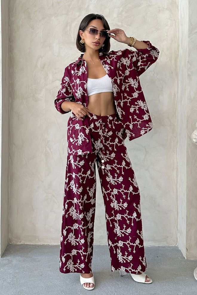Topshow Bordo Palazzo Pantolon Toptan Giyim Gündelik