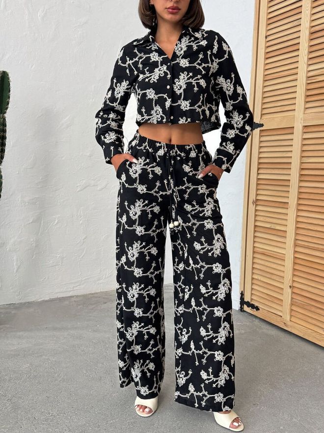 Topshow Black Elegant Loose Cut Palazzo Wholesale Clothing Spring