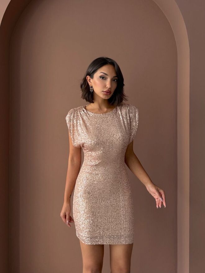 Topshow Gold Sequined Bodycon Mini Dress With Cap Sleeves Wholesale Clothing 1