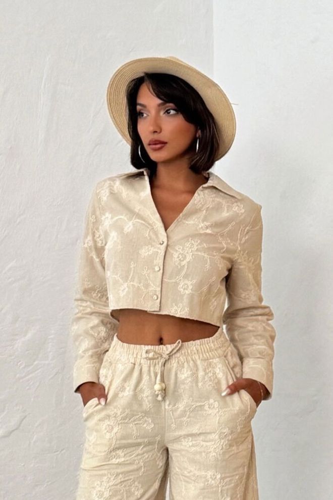 Topshow Camisa Beige Elegante Con Diseño Floral Y Liso De Estilo Bohemio Ropa al por mayor 0