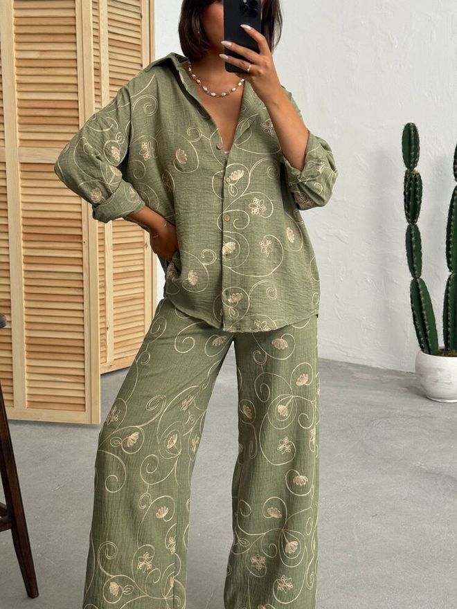 Topshow Green Floral Oversize Shirt Wholesale Clothing Spring